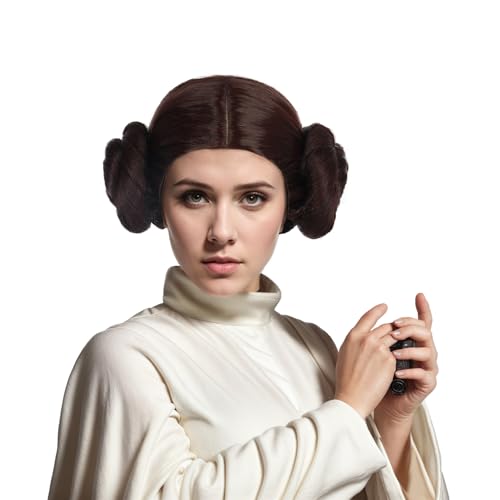 VGbeaty Frauen Kurze Lockige Braune Perücke Mit 2 Brötchen Prinzessin Anime Cosplay Lustige Perücke Hitzebeständige Kunstfaser Größenverstellbare Atmungsaktive Kappe für Halloween Kostüm Fancy Party von VGbeaty