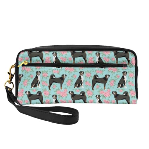 Appenzeller Sennehund Schweizer Sennenhund-Rosen-Blumenhundeentwurf, Make-up-Tasche, Kosmetiktasche, tragbare Reise-Kulturtasche, Leder-Federmäppchen für Frauen und Mädchen von VHPNWJOB