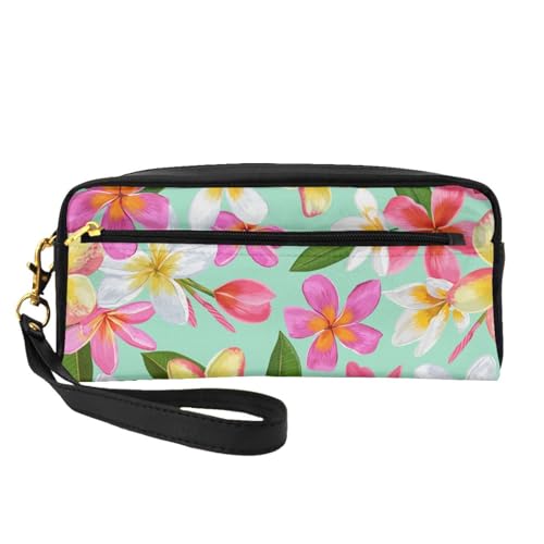 Aquarell Tropische Blumen Blumen Plumeria, Make-up-Tasche, Kosmetiktasche, tragbare Reise-Kulturtasche, Leder-Federmäppchen für Frauen und Mädchen von VHPNWJOB