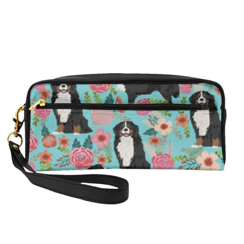 Berner Sennenhund Blumenhund, Make-up-Tasche, Kosmetiktasche, tragbare Reise-Kulturtasche, Leder-Federmäppchen für Frauen und Mädchen von VHPNWJOB