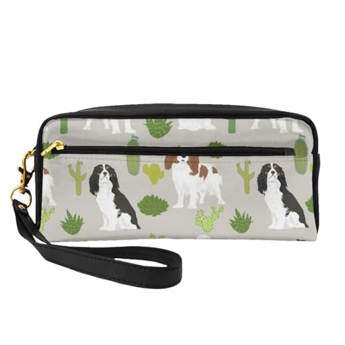 Cavalier King Charles Spaniel Hund mit süßem Kaktus, Make-up-Tasche, Kosmetiktasche, tragbare Reise-Kulturtasche, Leder-Federmäppchen für Frauen und Mädchen von VHPNWJOB