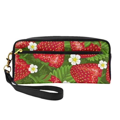 Erdbeere und Blume, Make-up-Tasche, Kosmetiktasche, tragbare Reise-Kulturtasche, Leder-Federmäppchen für Frauen und Mädchen von VHPNWJOB