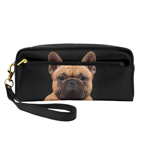 Französische Bulldogge auf Schwarz, Make-up-Tasche, Kosmetiktasche, tragbare Reise-Kulturtasche, Leder-Federmäppchen für Frauen und Mädchen von VHPNWJOB