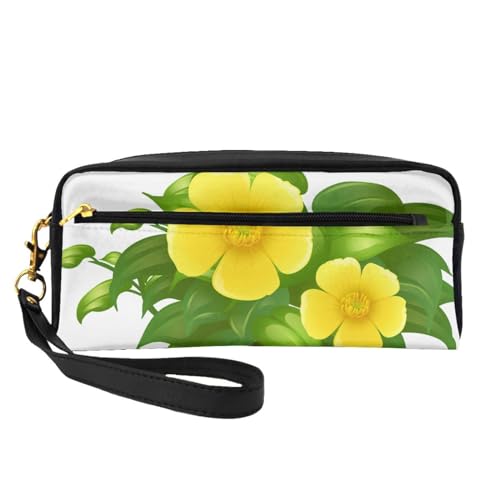 Gelbe Blumen im grünen Busch, Make-up-Tasche, Kosmetiktasche, tragbare Reise-Kulturtasche, Leder-Federmäppchen für Frauen und Mädchen von VHPNWJOB