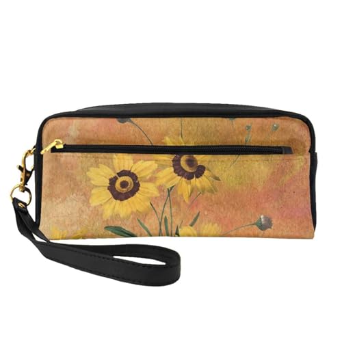 Gelbe und orange schäbige Blumen, Make-up-Tasche, Kosmetiktasche, tragbare Reise-Kulturtasche, Leder-Federmäppchen für Frauen und Mädchen von VHPNWJOB