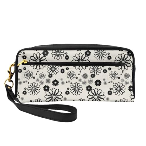 Geometrisches Muster der schwarzen Blume, Make-up-Tasche, Kosmetiktasche, tragbare Reise-Kulturtasche, Leder-Federmäppchen für Frauen und Mädchen von VHPNWJOB