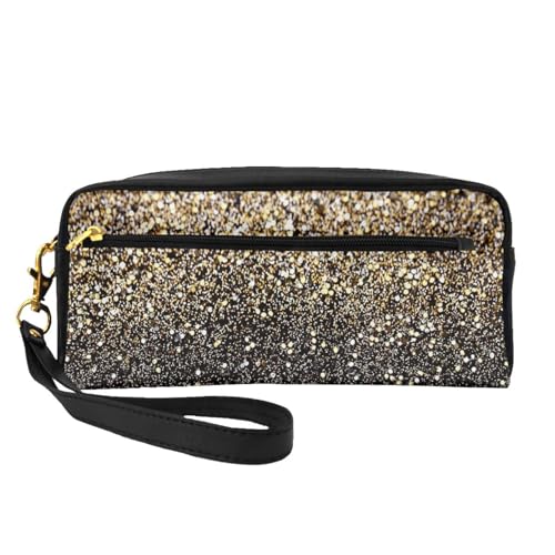 Goldene Glitzer-Schwarz-Gold-Punkte, Make-up-Tasche, Kosmetiktasche, tragbare Reise-Kulturtasche, Leder-Federmäppchen für Frauen und Mädchen von VHPNWJOB