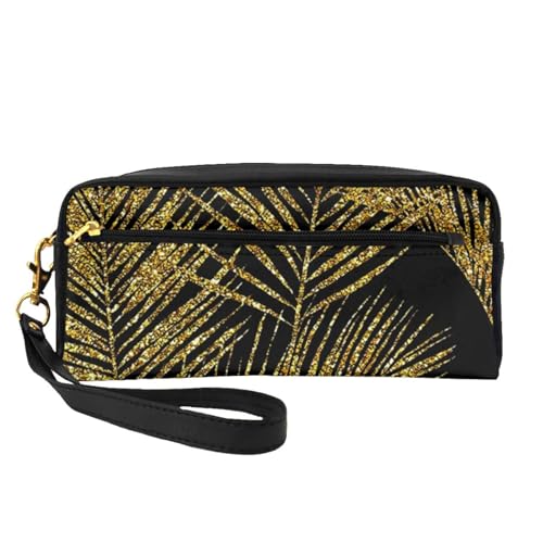 Goldglitzernde Palmblätter, Make-up-Tasche, Kosmetiktasche, tragbare Reise-Kulturtasche, Leder-Federmäppchen für Frauen und Mädchen von VHPNWJOB