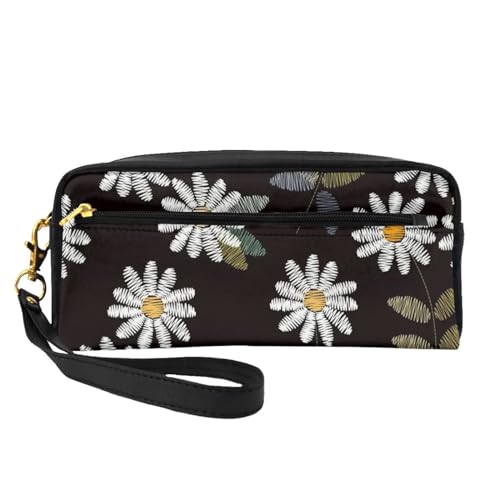 Natürliche weiße Gänseblümchen, Make-up-Tasche, Kosmetiktasche, tragbare Reise-Kulturtasche, Leder-Federmäppchen für Frauen und Mädchen von VHPNWJOB