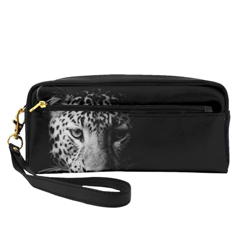 Schwarz-weißer Leopard, Make-up-Tasche, Kosmetiktasche, tragbare Reise-Kulturtasche, Leder-Federmäppchen für Frauen und Mädchen von VHPNWJOB