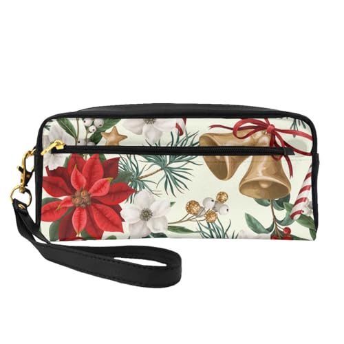 Weihnachtsstern Weihnachtsglocke mit Blumenmuster, Make-up-Tasche, Kosmetiktasche, tragbare Reise-Kulturtasche, Leder-Federmäppchen für Frauen und Mädchen von VHPNWJOB