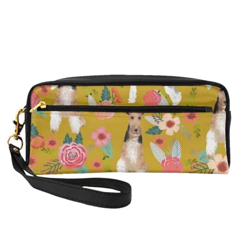 Wire Fox Terrier Blumensenf, Make-up-Tasche, Kosmetiktasche, tragbare Reise-Kulturtasche, Leder-Federmäppchen für Frauen und Mädchen von VHPNWJOB