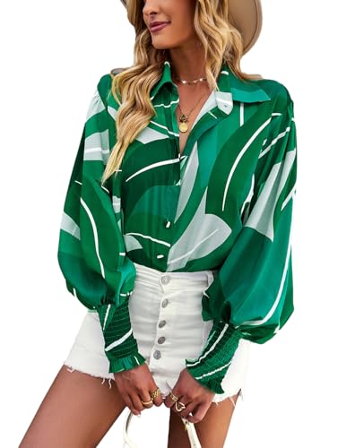 VHUQGVU Bluse Damen Oversized V-Ausschnitt Lässiges Mehrfarbendruck Hemdbluse Langarm Blouses,Grün,M von VHUQGVU