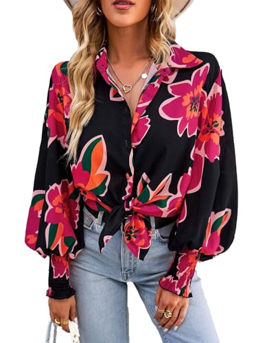 VHUQGVU Bluse Damen Oversized V-Ausschnitt Lässiges Mehrfarbendruck Hemdbluse Langarm Blouses,Rot,M von VHUQGVU