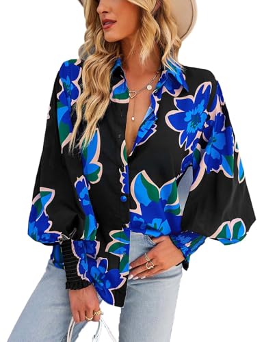 VHUQGVU Bluse Damen Oversized V-Ausschnitt Lässiges Mehrfarbendruck Hemdbluse Langarm Blouses,Schwarz,M von VHUQGVU