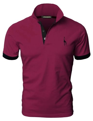 VHUQGVU Herren Poloshirt Baumwolle Kurzarm Giraffe Stickerei Polohemd Regular Slim Fit Modelle Golf Sport T-Shirt,Dunkelrot+Schwarz,L von VHUQGVU