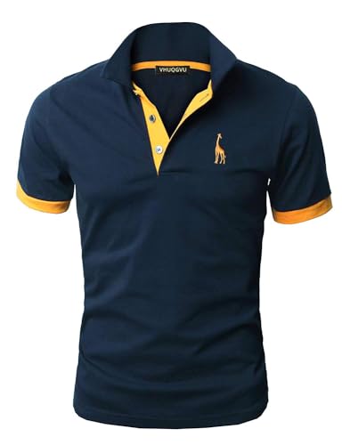 VHUQGVU Herren Poloshirt Baumwolle Kurzarm Giraffe Stickerei Polohemd Regular Slim Fit Modelle Golf Sport T-Shirt,Navy+Gelb,L von VHUQGVU