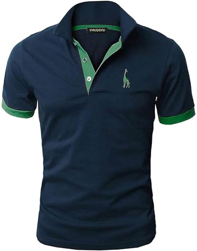 VHUQGVU Herren Poloshirt Baumwolle Kurzarm Giraffe Stickerei Polohemd Regular Slim Fit Modelle Golf Sport T-Shirt,Navy+Grün,L von VHUQGVU