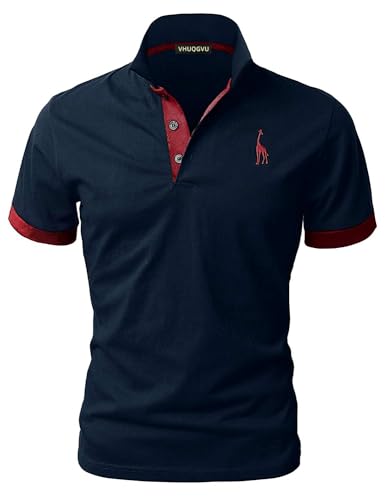 VHUQGVU Herren Poloshirt Baumwolle Kurzarm Giraffe Stickerei Polohemd Regular Slim Fit Modelle Golf Sport T-Shirt,Navy+Rot,L von VHUQGVU