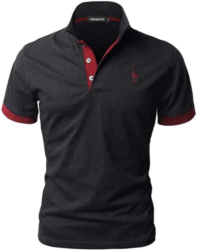 VHUQGVU Herren Poloshirt Baumwolle Kurzarm Giraffe Stickerei Polohemd Regular Slim Fit Modelle Golf Sport T-Shirt,Schwarz+Rot,XL von VHUQGVU