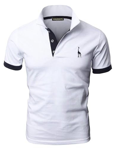 VHUQGVU Herren Poloshirt Baumwolle Kurzarm Giraffe Stickerei Polohemd Regular Slim Fit Modelle Golf Sport T-Shirt,Weiß+Schwarz,3XL von VHUQGVU