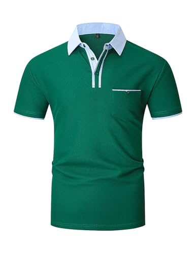 VHUQGVU Herren Poloshirt Baumwolle Kurzarm Knopfleiste mit Farbblockierung Polohemd Regular Slim Fit Modelle Golf Sport T-Shirt,Grün Y41,M von VHUQGVU