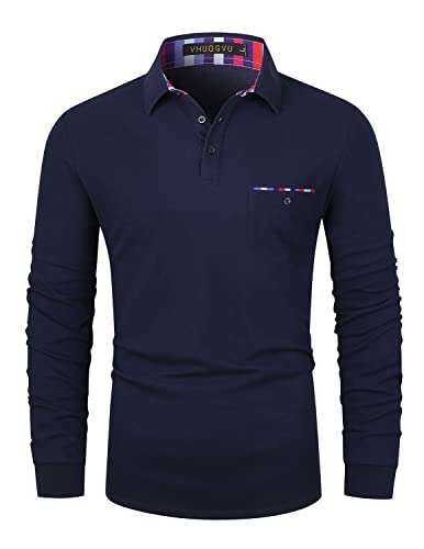 VHUQGVU Herren Poloshirt Langarm Golf T-Shirt Kontrast Tasche Polohemd M-3XL,Blau,M von VHUQGVU