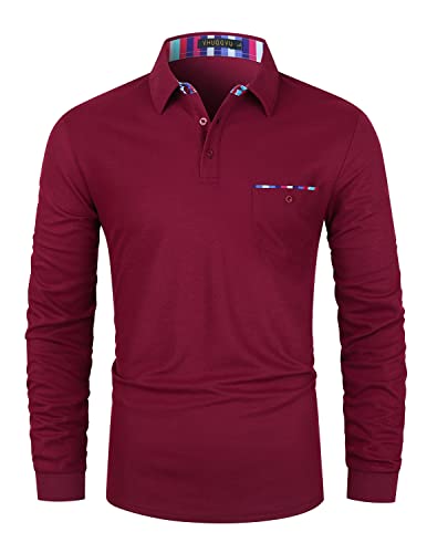 VHUQGVU Herren Poloshirt Langarm Golf T-Shirt Kontrast Tasche Polohemd M-3XL,Rot,3XL von VHUQGVU