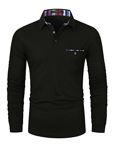 VHUQGVU Herren Poloshirt Langarm Golf T-Shirt Kontrast Tasche Polohemd M-3XL,Schwarz,L von VHUQGVU