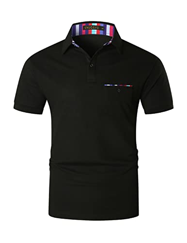VHUQGVU Poloshirt Herren Kurzarm Basic Golf Polo Sommer Kontrast Tasche Polohemd,Schwarz,L von VHUQGVU