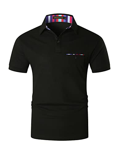 VHUQGVU Poloshirt Herren Kurzarm Basic Golf Polo Sommer Kontrast Tasche Polohemd,Schwarz,XL von VHUQGVU