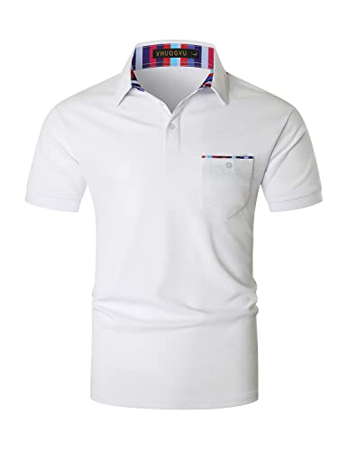 VHUQGVU Poloshirt Herren Kurzarm Basic Golf Polo Sommer Kontrast Tasche Polohemd,Weiß,XL von VHUQGVU