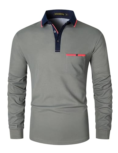 VHUQGVU Poloshirt Herren Langarm Abgeschnittener Kragen Polohemd Basic Polo Männer Slim Fit Golf Tennis T-shirt,Grau,XL von VHUQGVU