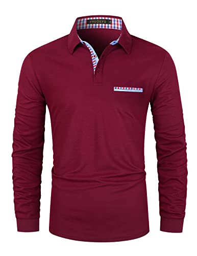 VHUQGVU Poloshirt Herren Langarm Basic Golf Tennis T-Shirt Klassisches Karo Polohemd M-3XL,Rot,3XL von VHUQGVU