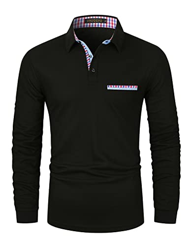 VHUQGVU Poloshirt Herren Langarm Basic Golf Tennis T-Shirt Klassisches Karo Polohemd M-3XL,Schwarz,L von VHUQGVU