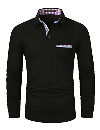 VHUQGVU Poloshirt Herren Langarm Basic Golf Tennis T-Shirt Klassisches Karo Polohemd M-3XL,Schwarz,M von VHUQGVU