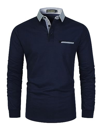 VHUQGVU Poloshirt Herren Langarm Baumwolle Basic Klassische Kontrastfarbe Streifen Stitching Casual Männer Hemd Golf Sport T-Shirt,Blau,L von VHUQGVU