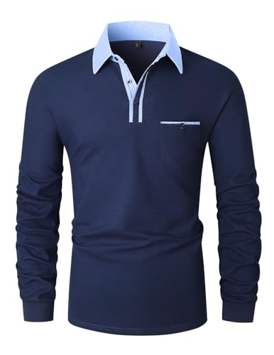VHUQGVU Poloshirt Herren Langarm Baumwolle Basic Klassische Kontrastfarbe Streifen Stitching Casual Männer Hemd Golf Sport T-Shirt,Blau YT43,XL von VHUQGVU