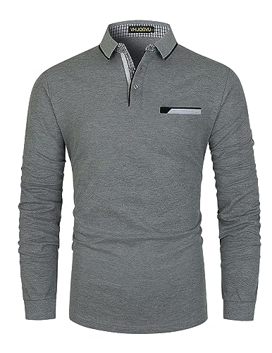 VHUQGVU Poloshirt Herren Langarm Baumwolle Basic Klassische Kontrastfarbe Streifen Stitching Casual Männer Hemd Golf Sport T-Shirt,Grau,L von VHUQGVU