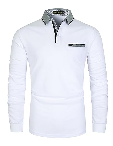 VHUQGVU Poloshirt Herren Langarm Baumwolle Basic Klassische Kontrastfarbe Streifen Stitching Casual Männer Hemd Golf Sport T-Shirt,Weiß,M von VHUQGVU