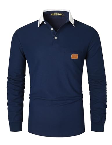 VHUQGVU Poloshirt Herren Langarm Baumwolle Basic Klassische Kontrastfarbe Streifen Stitching Casual Männer Hemd Golf Sport T-Shirt,Blau 40,XL von VHUQGVU