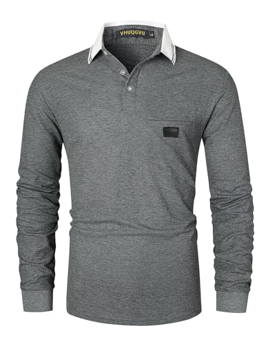 VHUQGVU Poloshirt Herren Langarm Baumwolle Basic Klassische Kontrastfarbe Streifen Stitching Casual Männer Hemd Golf Sport T-Shirt,Grau 40,XXL von VHUQGVU