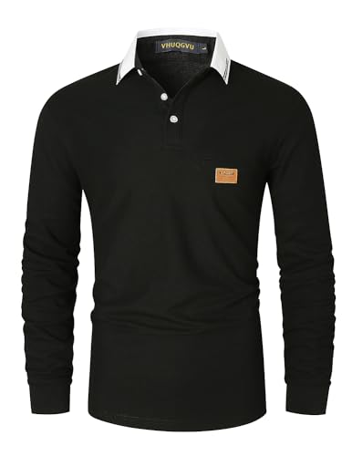 VHUQGVU Poloshirt Herren Langarm Baumwolle Basic Klassische Kontrastfarbe Streifen Stitching Casual Männer Hemd Golf Sport T-Shirt,Schwarz 40,L von VHUQGVU
