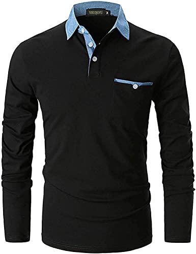 VHUQGVU Poloshirt Herren Langarm Baumwolle Slim Fit Klassisch Denim-Splice T-Shirt Golf und Tennis Sport Tops,Schwarz Y01,L von VHUQGVU