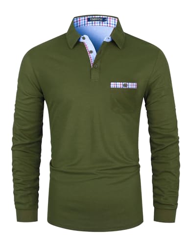 VHUQGVU Poloshirt Herren Langarm Baumwolle Slim Fit Klassisch Kariertes Patchwork T-Shirt Golf und Tennis Sport Tops,Armeegrün,L von VHUQGVU
