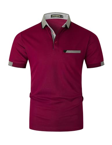 VHUQGVU Poloshirt Herren T Shirts Männer Kurzarm Baumwolle Hemd Klassisch Plaid Polos Kontrastfarbe Ausschnitt T-Shirt Sommer,Rot Y24,XXL von VHUQGVU