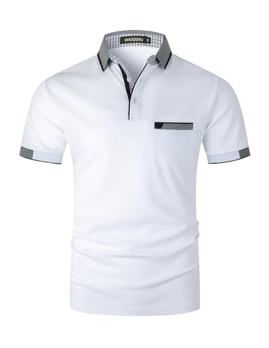 VHUQGVU Poloshirt Herren T Shirts Männer Kurzarm Baumwolle Hemd Klassisch Plaid Polos Kontrastfarbe Ausschnitt T-Shirt Sommer,Weiß Y24,XXL von VHUQGVU