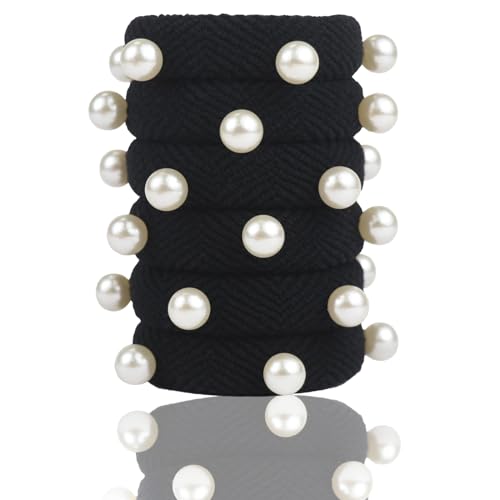VI-FA Dicker nahtloser Pony-Halter mit Perlen, Gummi-Haarbänder für dickes oder lockiges Haar, strukturierte Haargummis für Frauen und Mädchen, 6 Stück (Schwarz) von VI-FA