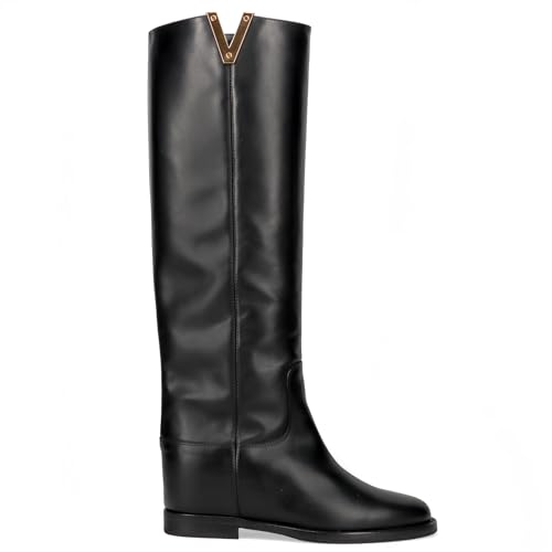 VIA ROMA 15 Schwarzer Lederstiefel mit goldenem V und innerem Keilabsatz - 2568 SANTA MONICA SCHWARZ - Größe, Schwarz , 39 EU von VIA ROMA 15