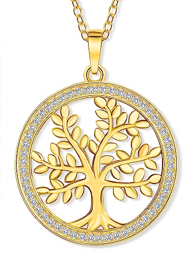 VIASOUL® Halskette Lebensbaum II Baum des Lebens Kette für Damen I Tree of Life aus 925er Silber I Mit 585er Gold überzogen I Der Lebensbaum mit Echtsilber-Zertifikat (Gold) von VIASOUL